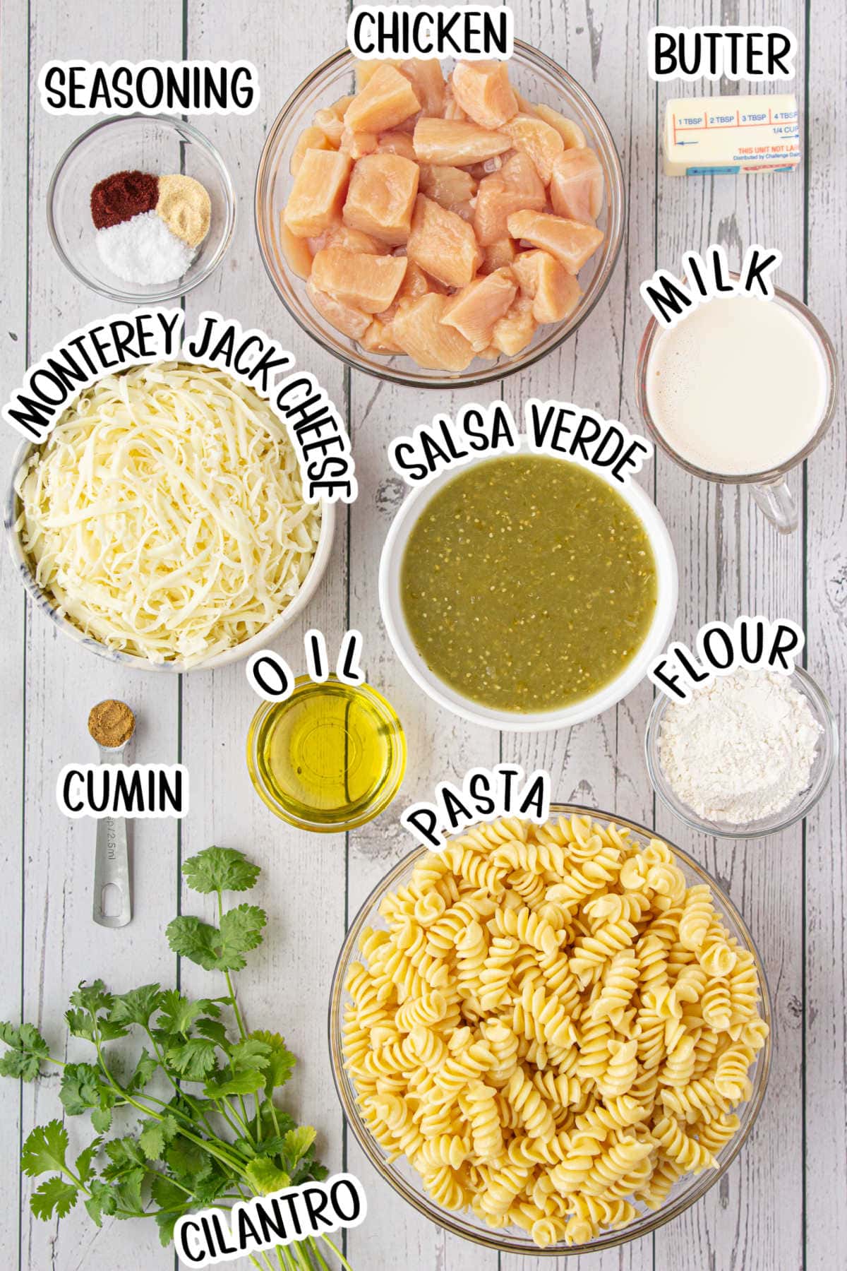 Salsa verde chicken mac & cheese ingredients.