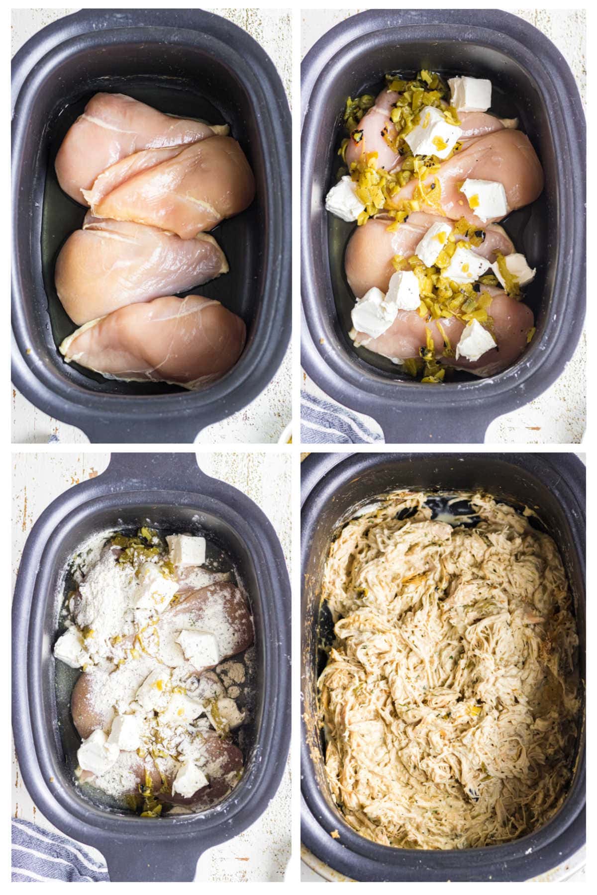 Four images are showing step by step instructions on how to make crockpot creamy ranch chicken.