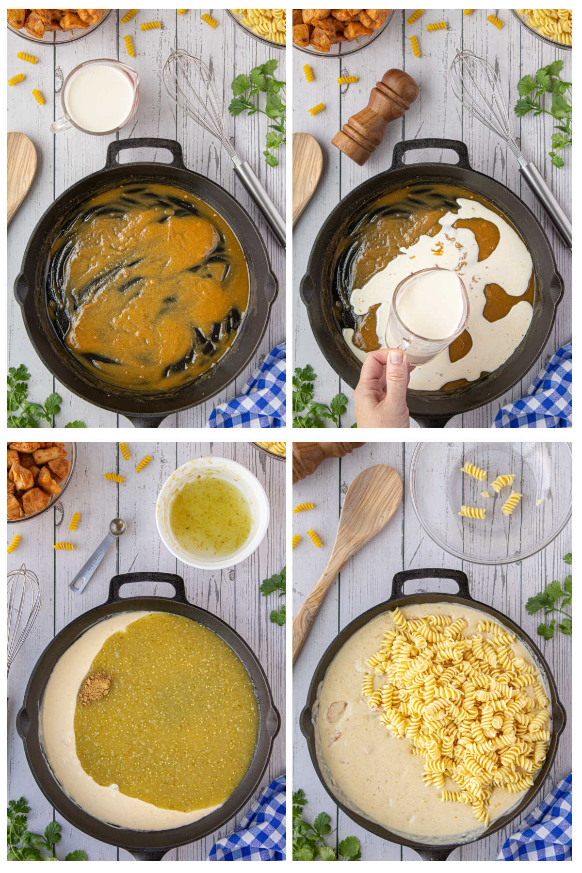 Steps for making the sauce for salsa verde chicken mac and cheese.
