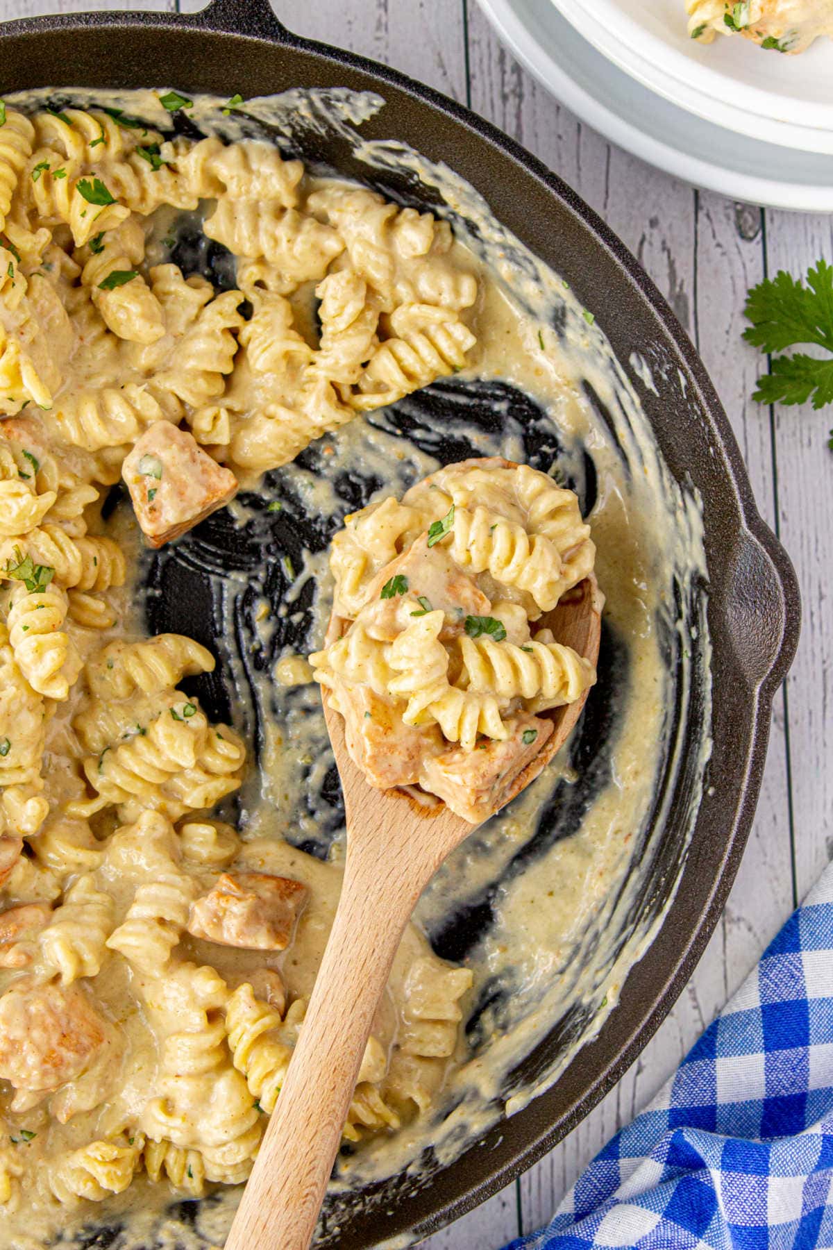 Overhead view of salsa verde mac and cheese in the pan.