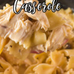 Finished casserole being dished up with text overlay for Pinterest.