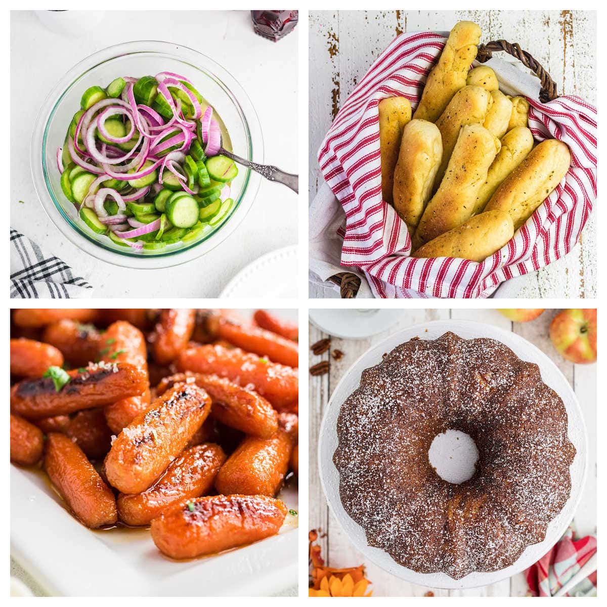 A collage of sides, breads, and dessert that can be served with cabbage rolls.