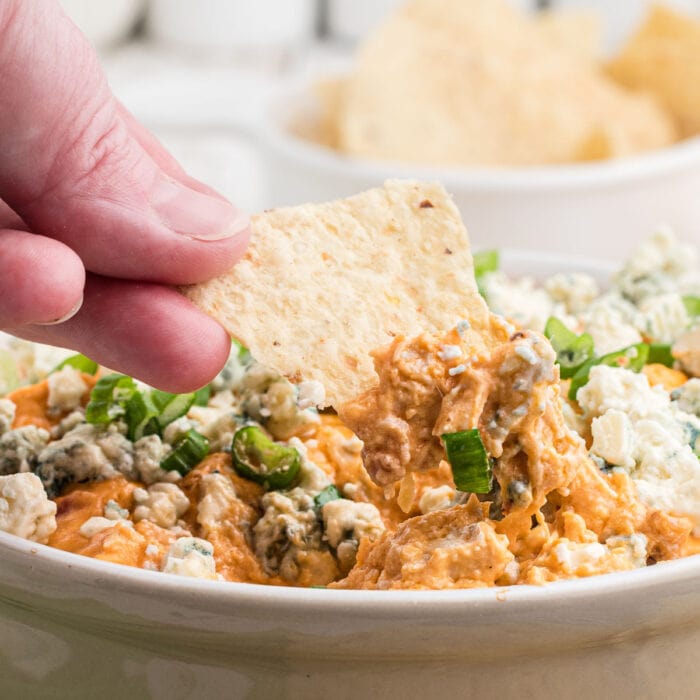 Buffalo chicken dip on a tortilla chip.