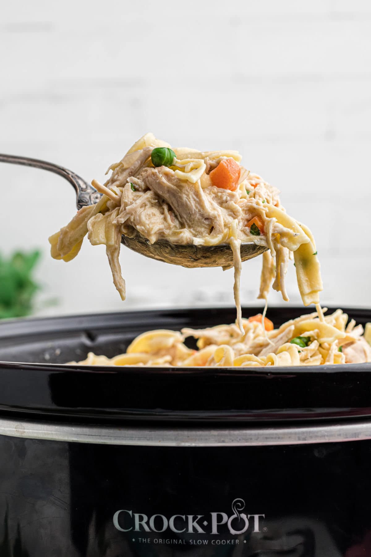 A serving spoon filled with chicken and noodles being lifted from the crockpot.