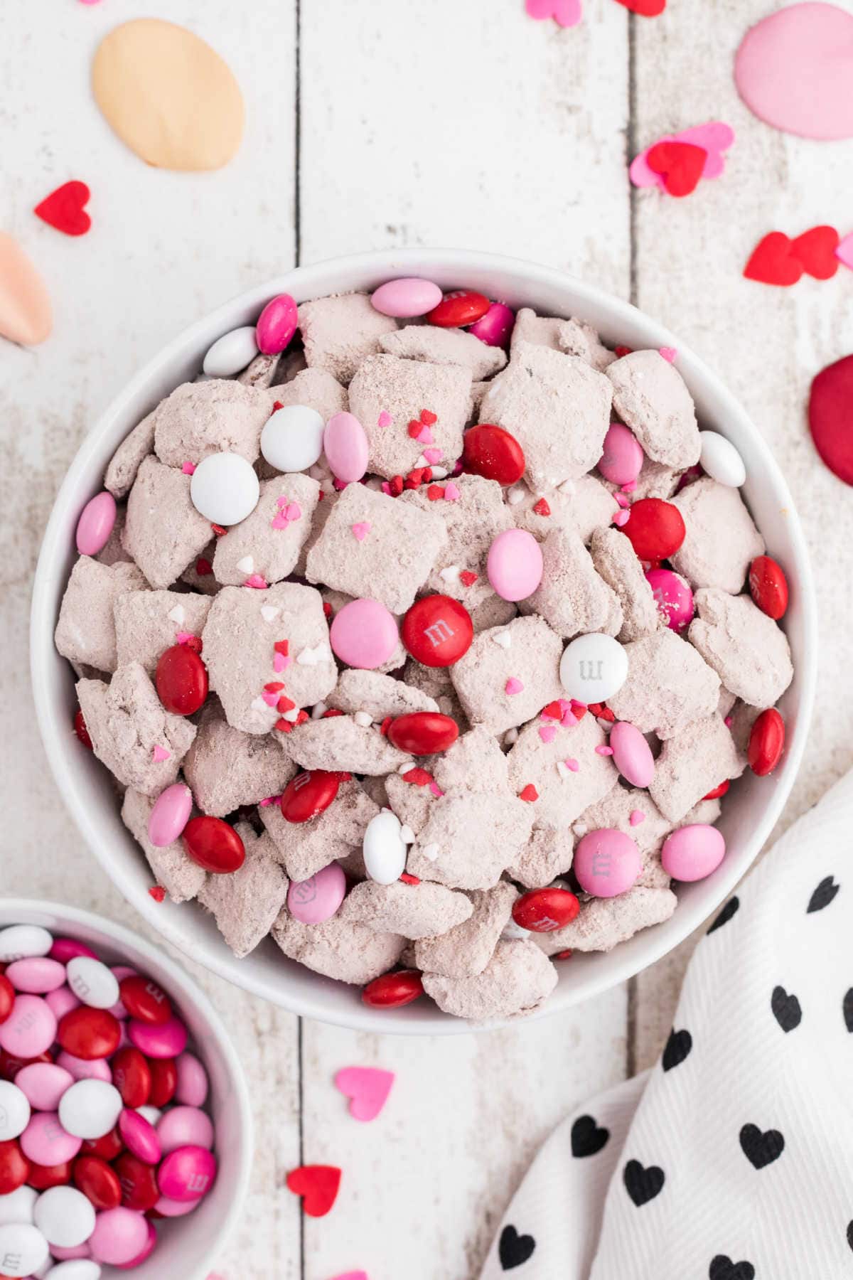 Overhead view of Valentine's Day Muddy Buddies on a table.