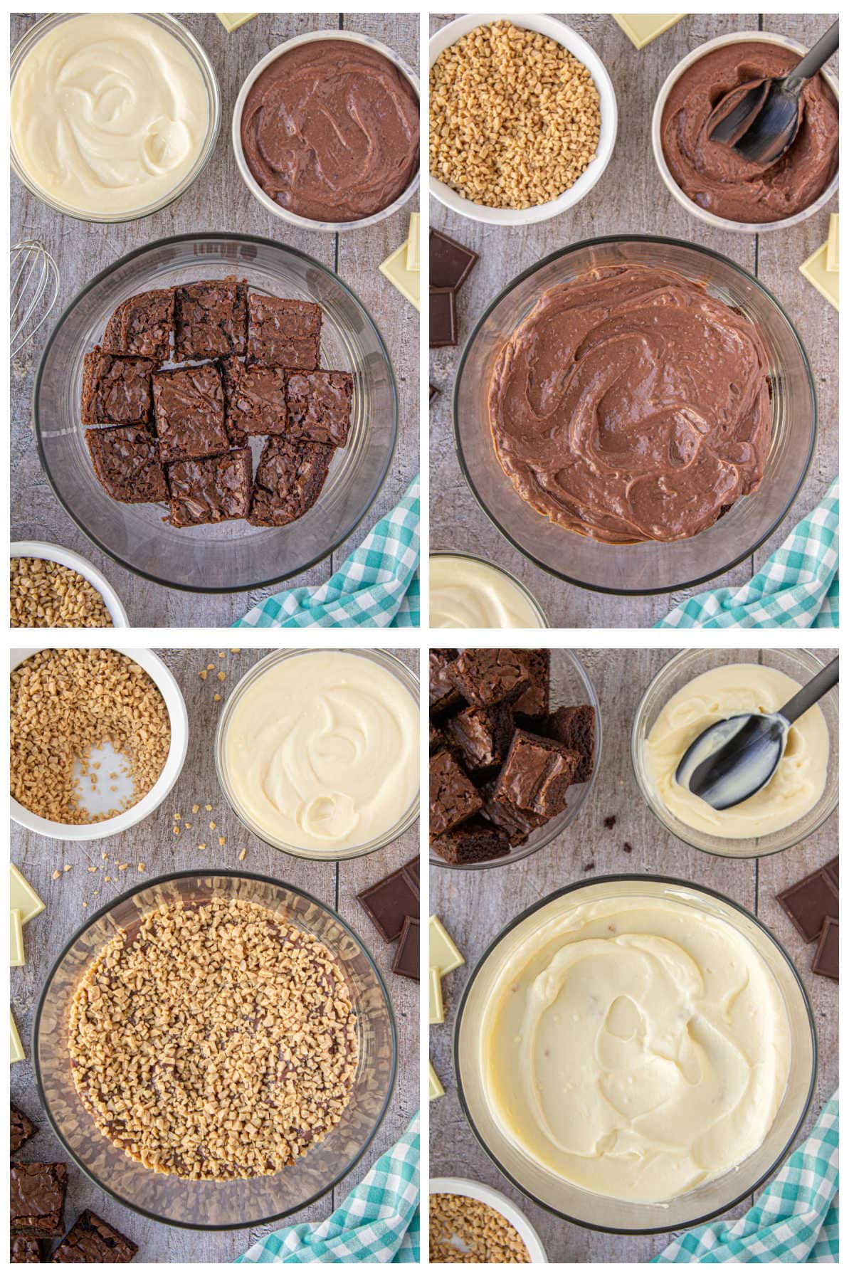 A collage of step by step images of the brownie trifle.