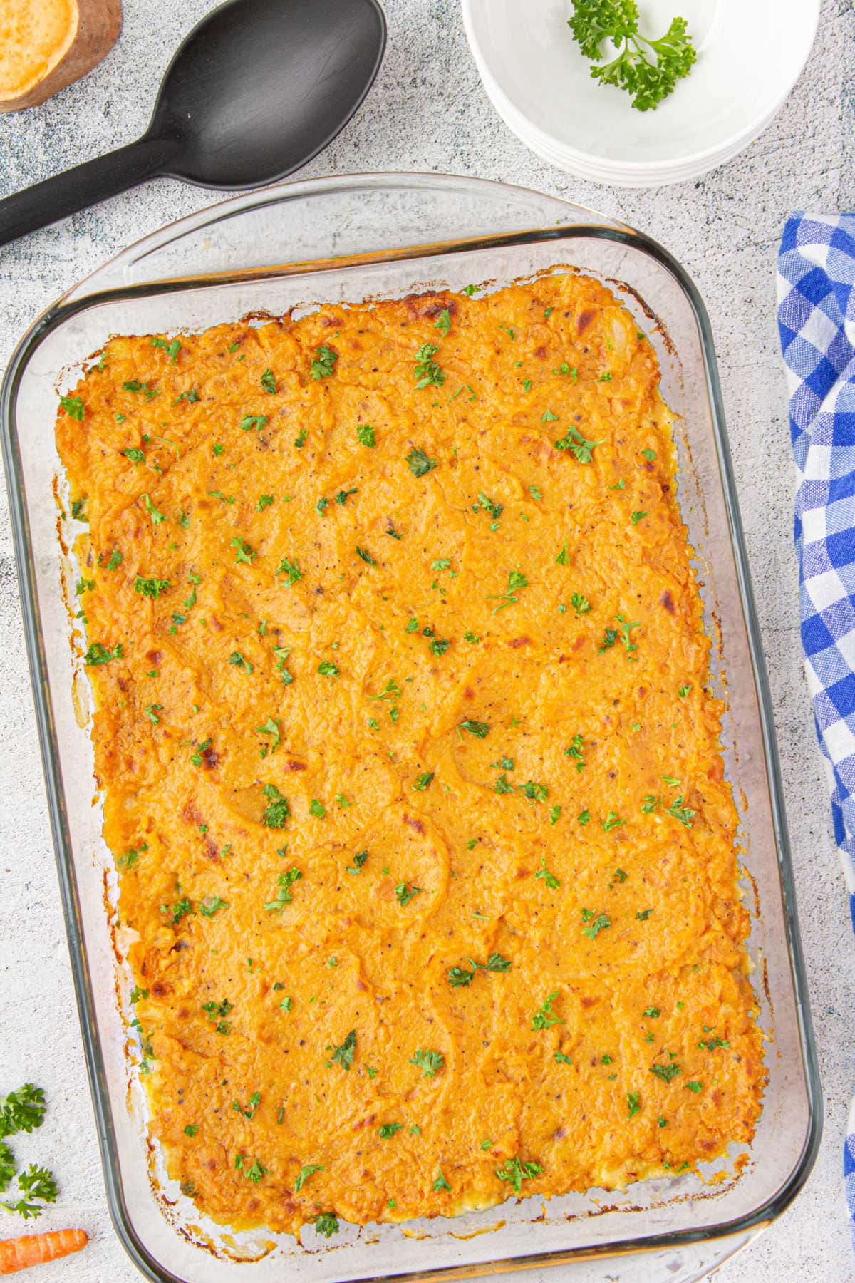 Overhead view of the casserole just removed from the oven.