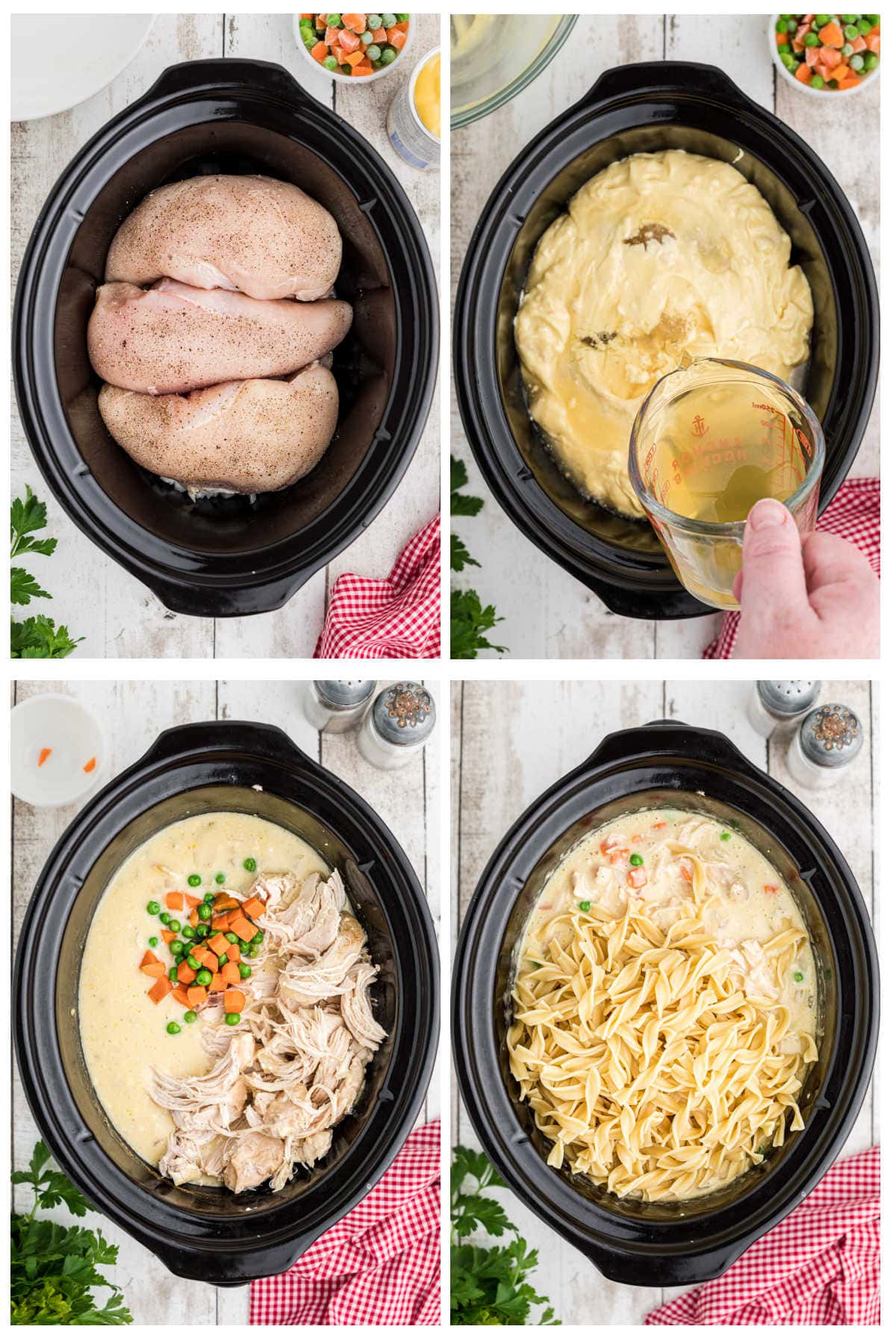 Step by step images showing how to make chicken and noodles in the crockpot.