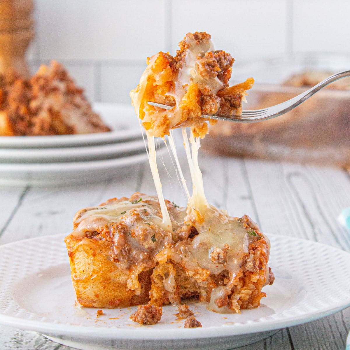 Closeup of a serving of casserole.