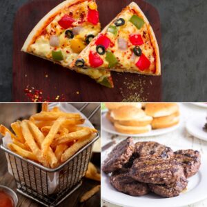 A collage of 3 images - pizza, French fries, and hamburgers.