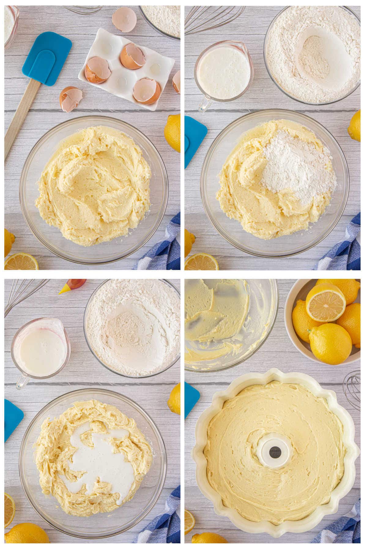 A collage of step by step images showing how to make the cake.