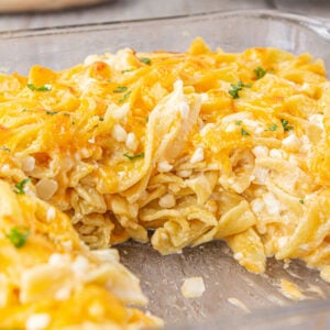 Closeup of baked noodles in a cheesy sauce.