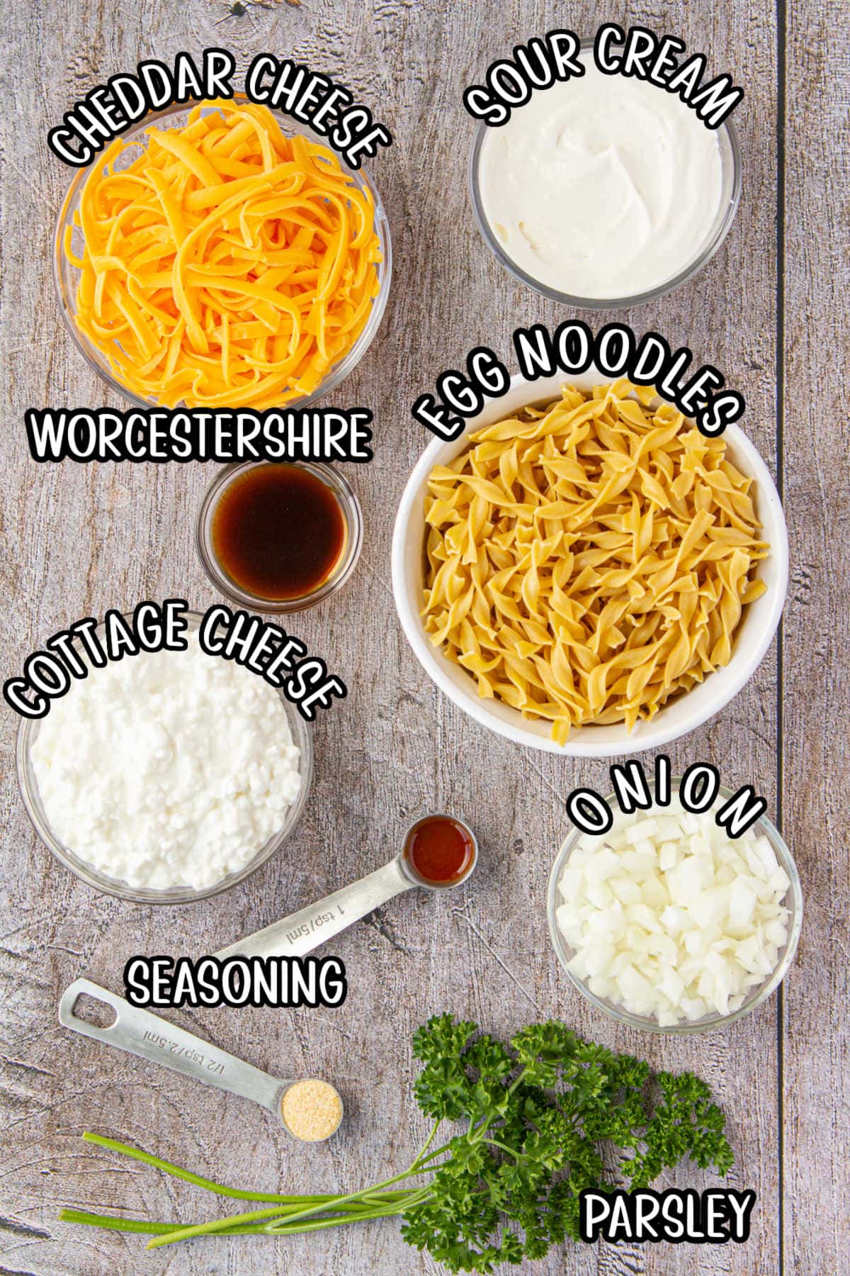 Labeled ingredients for Noodles Romanoff