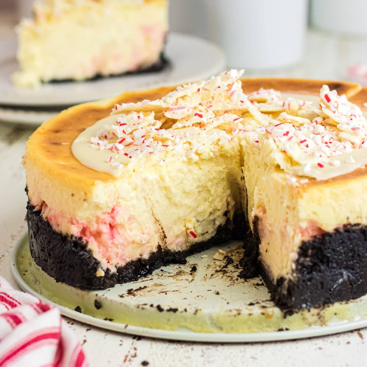 Peppermint Bark Cheesecake, Oreo Cheesecake, and Red Velvet Cheesecake