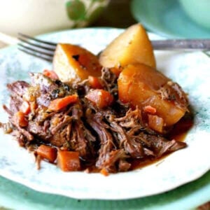 A closeup of pot roast on a plate.