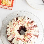 Overhead view of cake with text overlay for Pinterest.