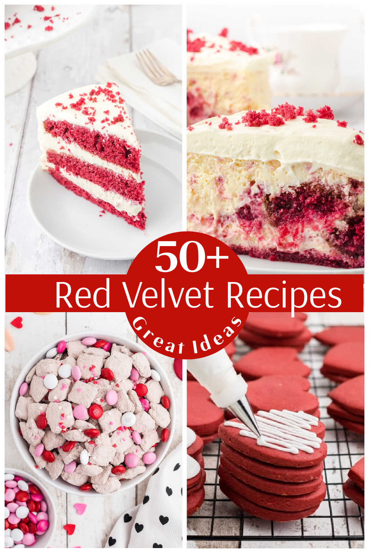 A collage of red velvet desserts with text overlay for hero image.