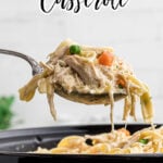 Spoonful of creamy chicken and noodles with text overlay for Pinterest.