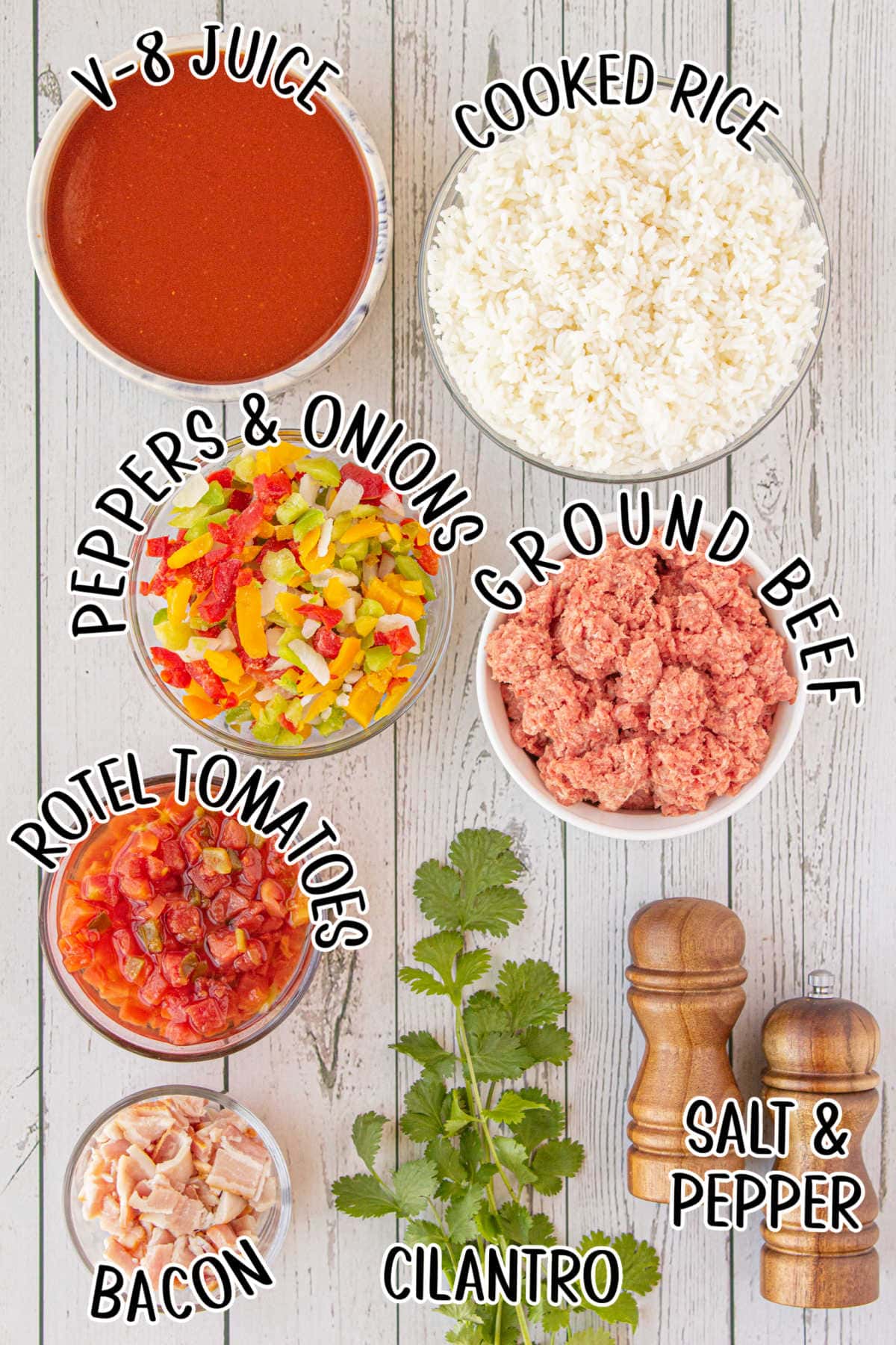 Labeled ingredients for Spanish rice.
