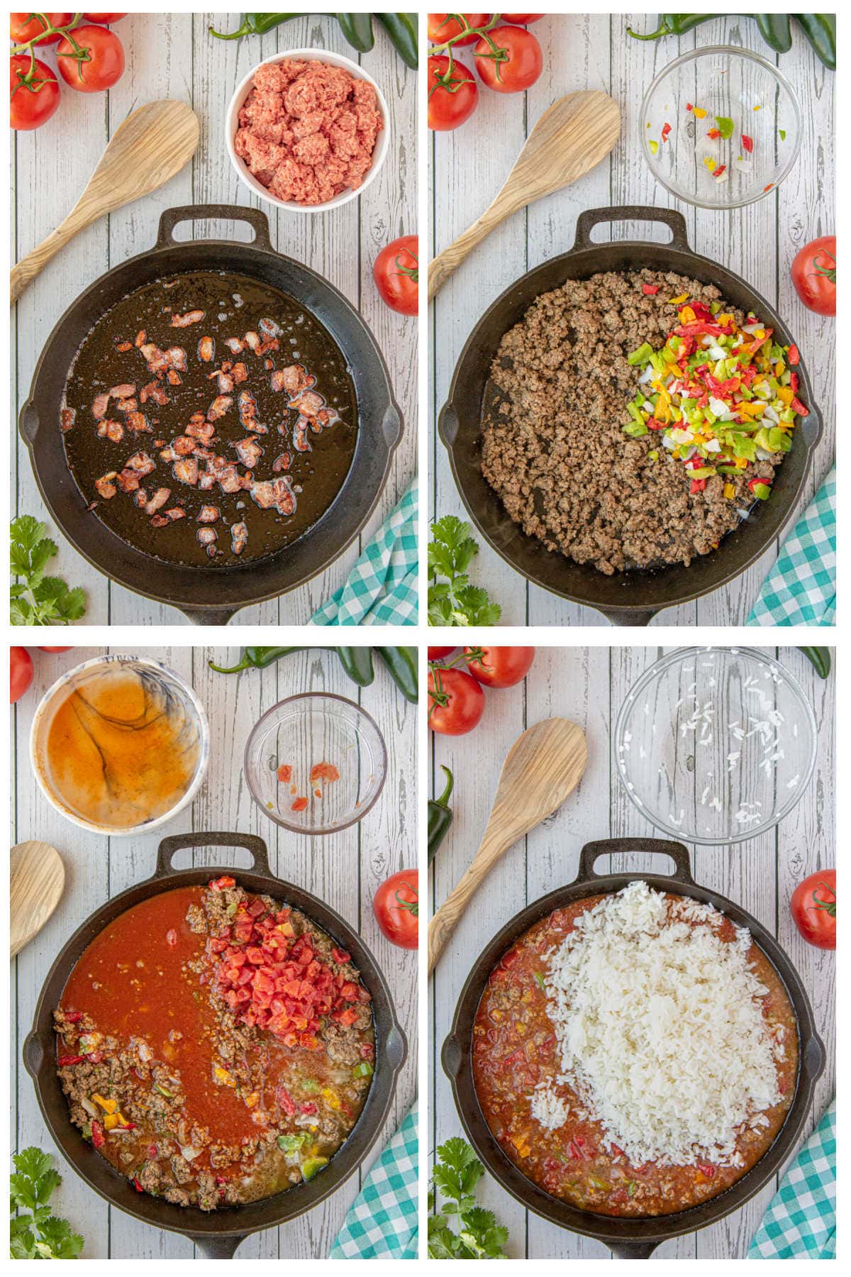 Step by step images showing how to make Spanish rice.