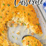 Overhead view of the casserole with a title text overlay for Pinterest.