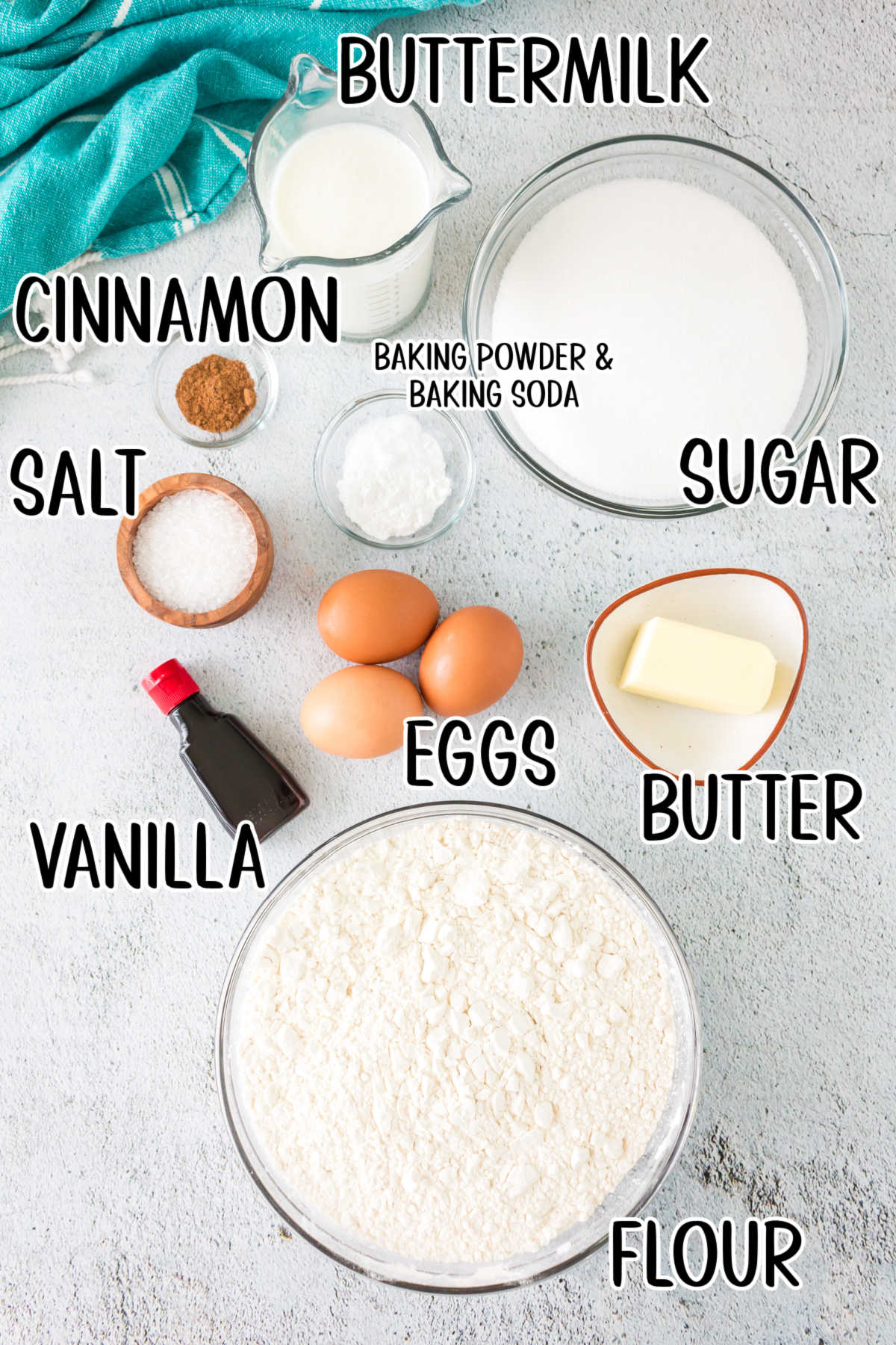 Labeled ingredients for the cake donuts.