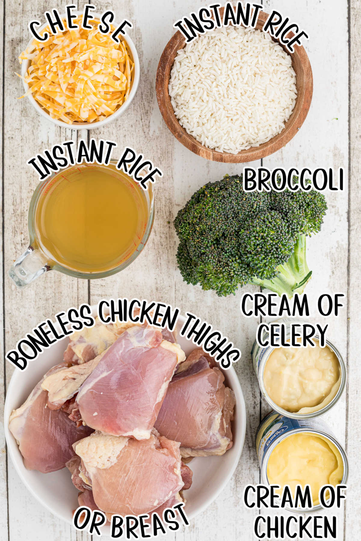 Labeled ingredients for chicken broccoli and rice casserole
