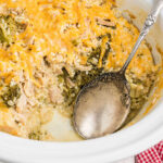 Closeup of the chicken broccoli casserole in the slow cooker.