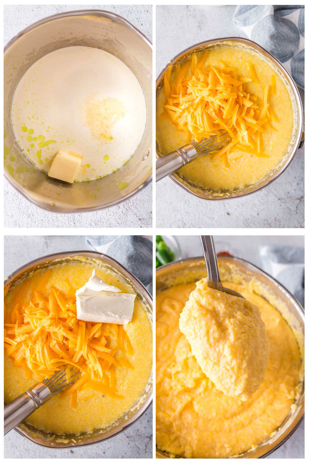 Step by step images showing how to make jalapeno cheese grits.