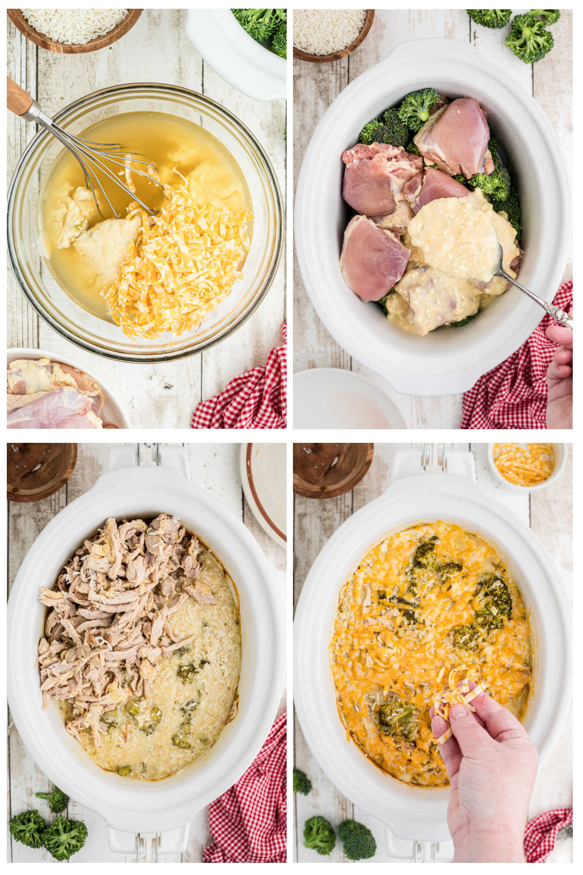 Step by step images showing how to make chicken, broccoli, and rice casserole in the slow cooker.