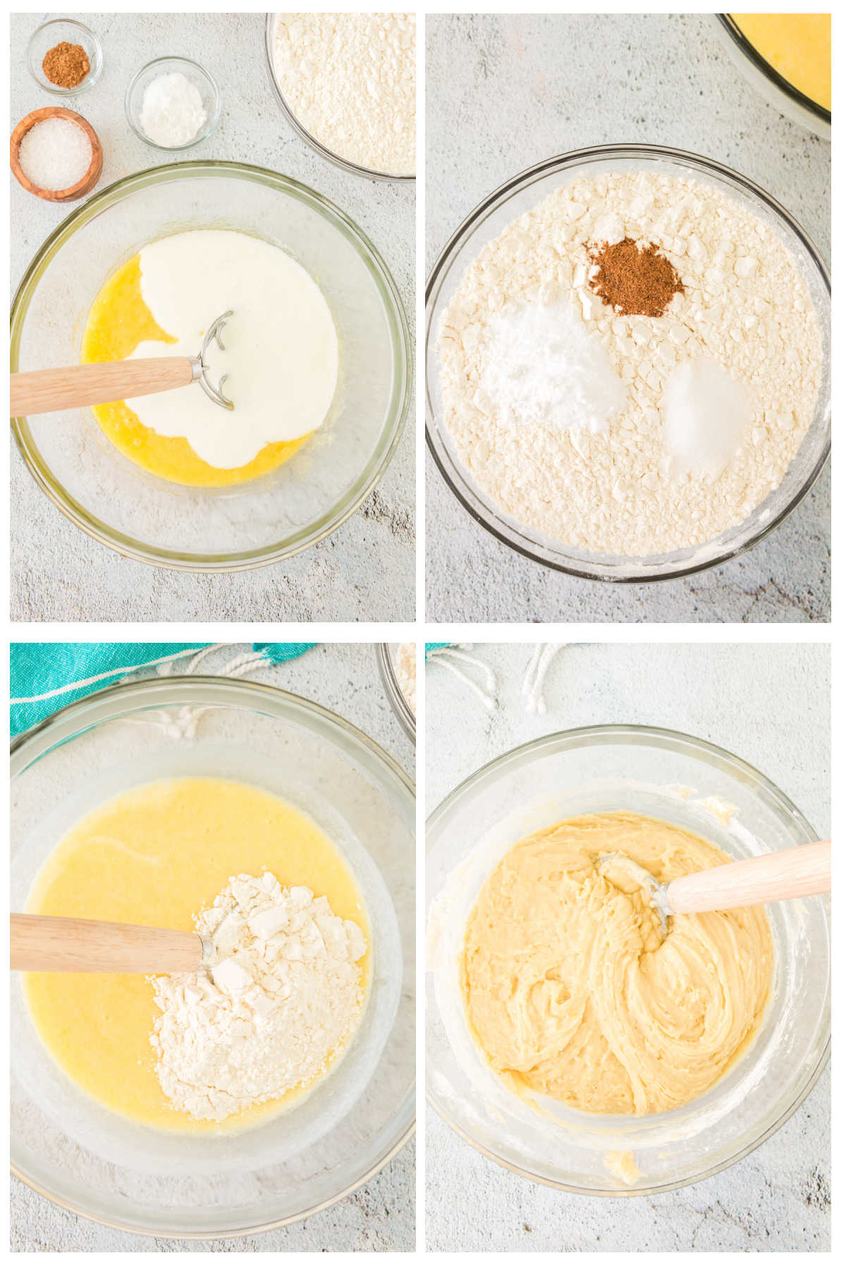 Step by step images showing how to mix the donut batter.