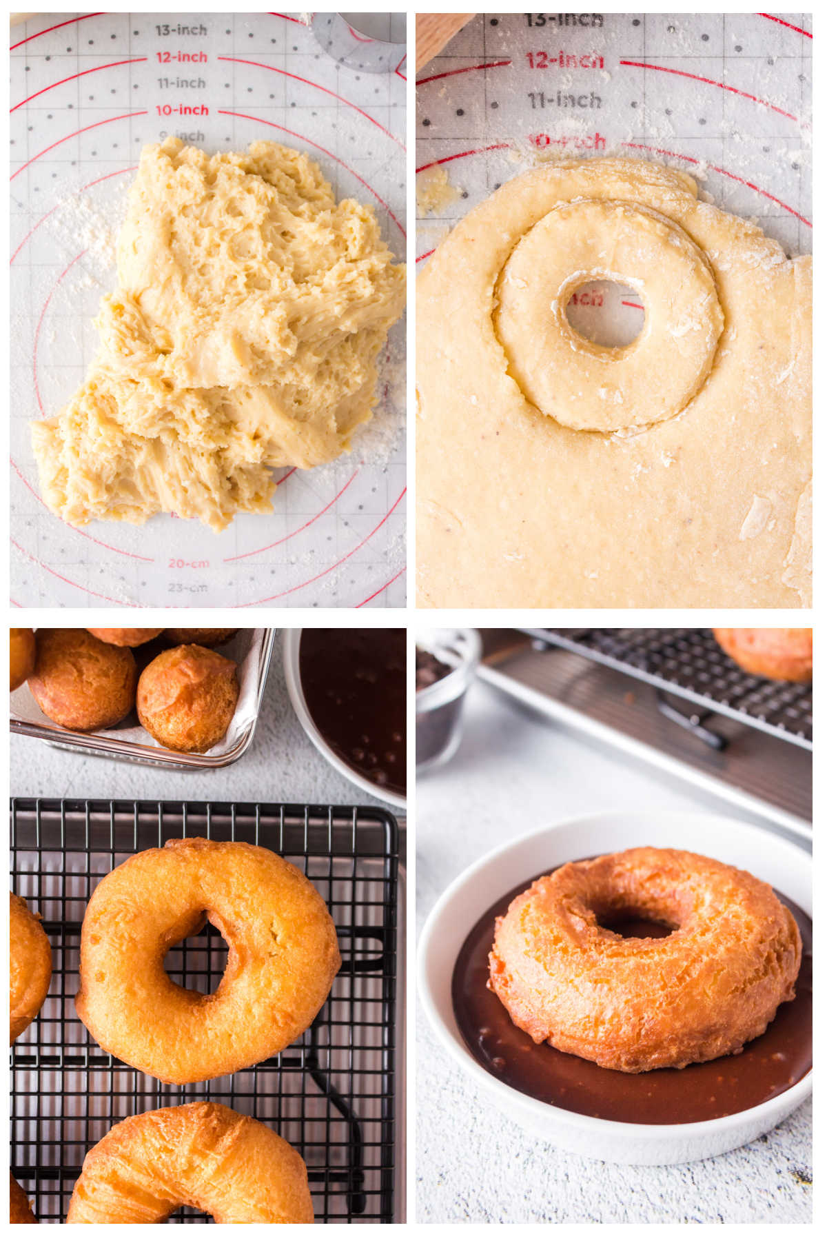 Step by step images showing how to cut and fry the donuts.