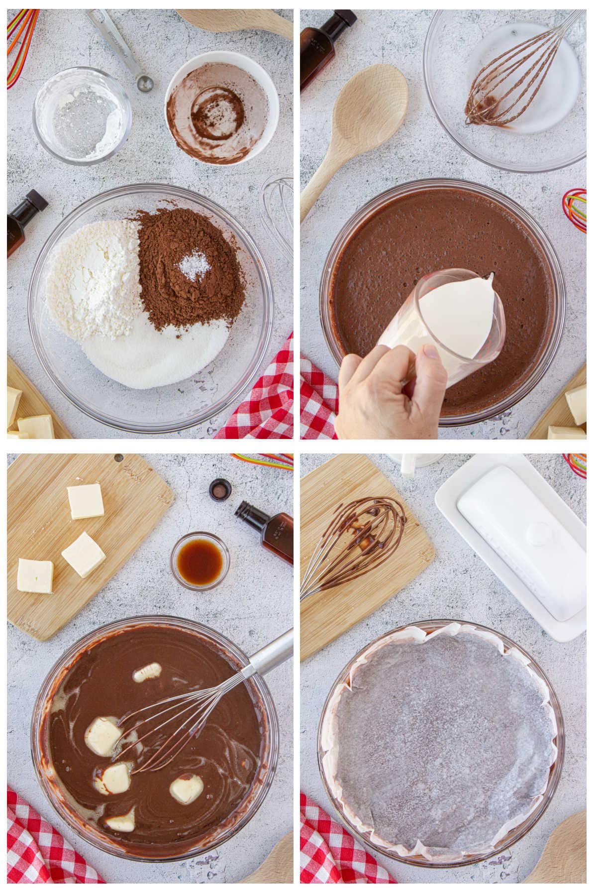 Step by step images showing how to make chocolate pudding.