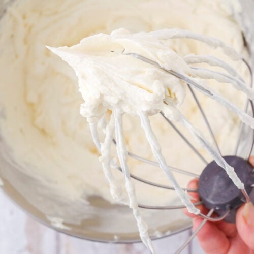 A thick layer of white frosting on the whisk attachment of a mixer.