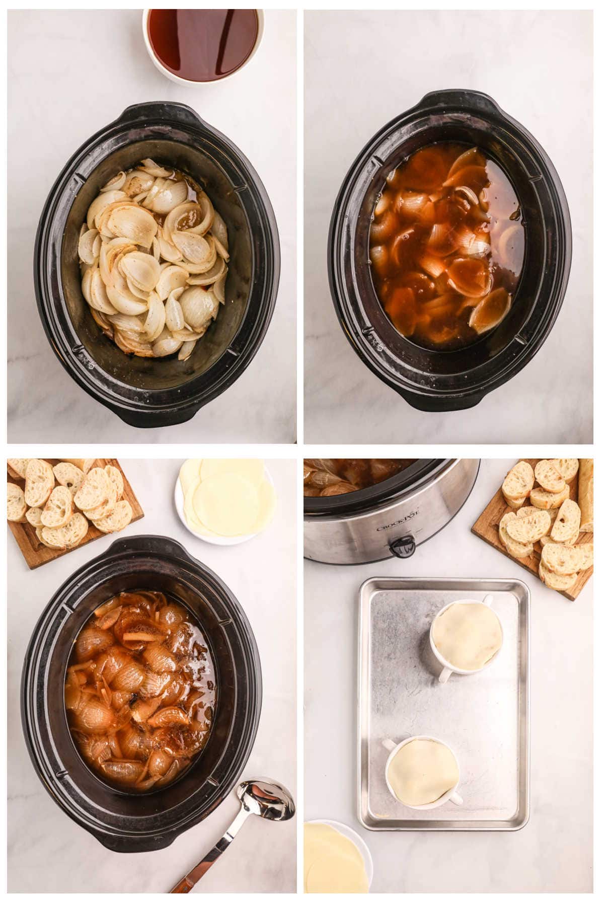 Step by step images showing how to make crock pot french onion soup.