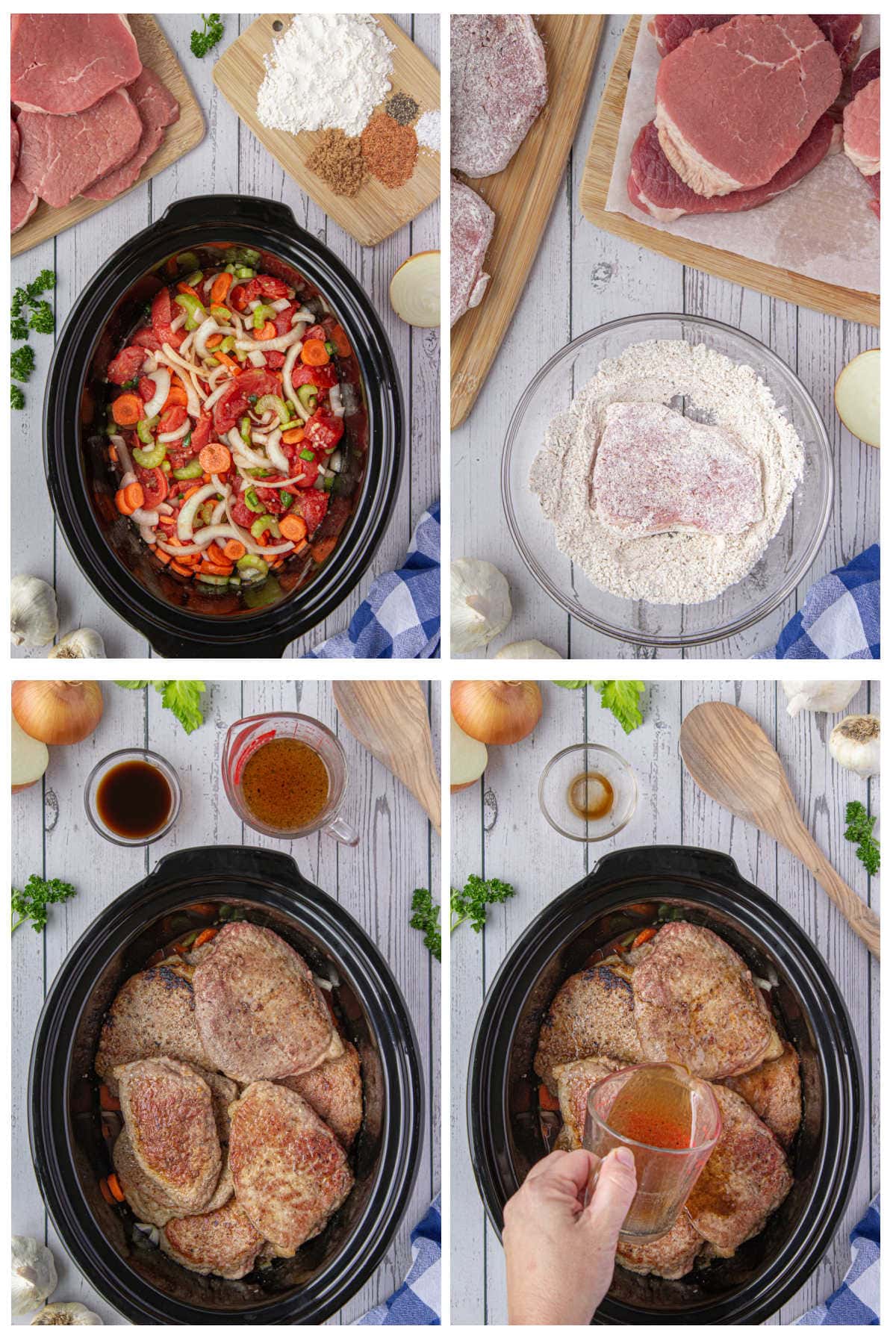 Step by step images showing how to make swiss steak.