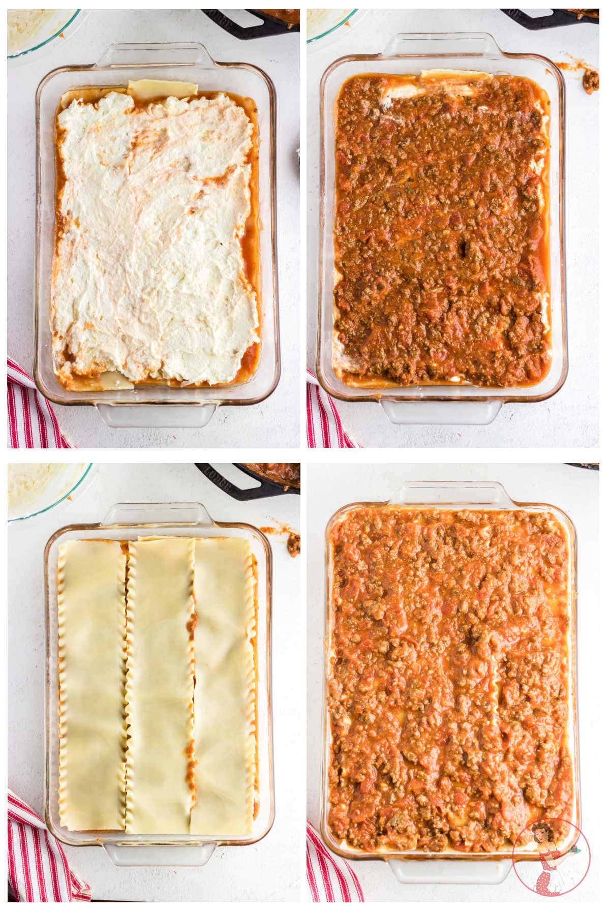 Step by step images showing how to make lasagna.