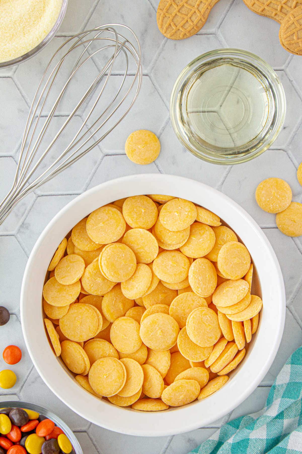 Yellow candy melts in a bowl.