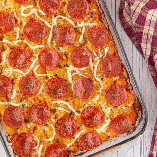 Overhead view of the casserole with pepperoni on top/