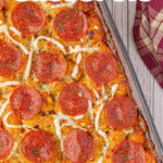 Pizza Tater Tot Casserole with text overlay for Pinterest.