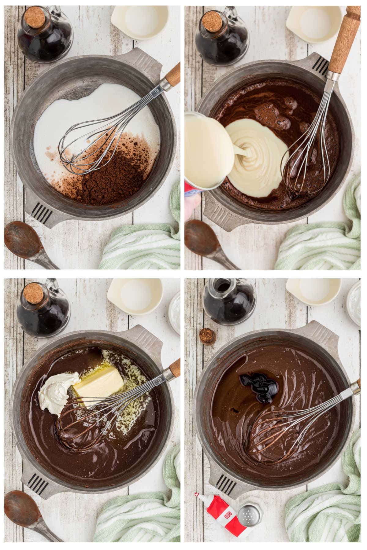 Step by step images showing how to make red velvet hot fudge sauce.