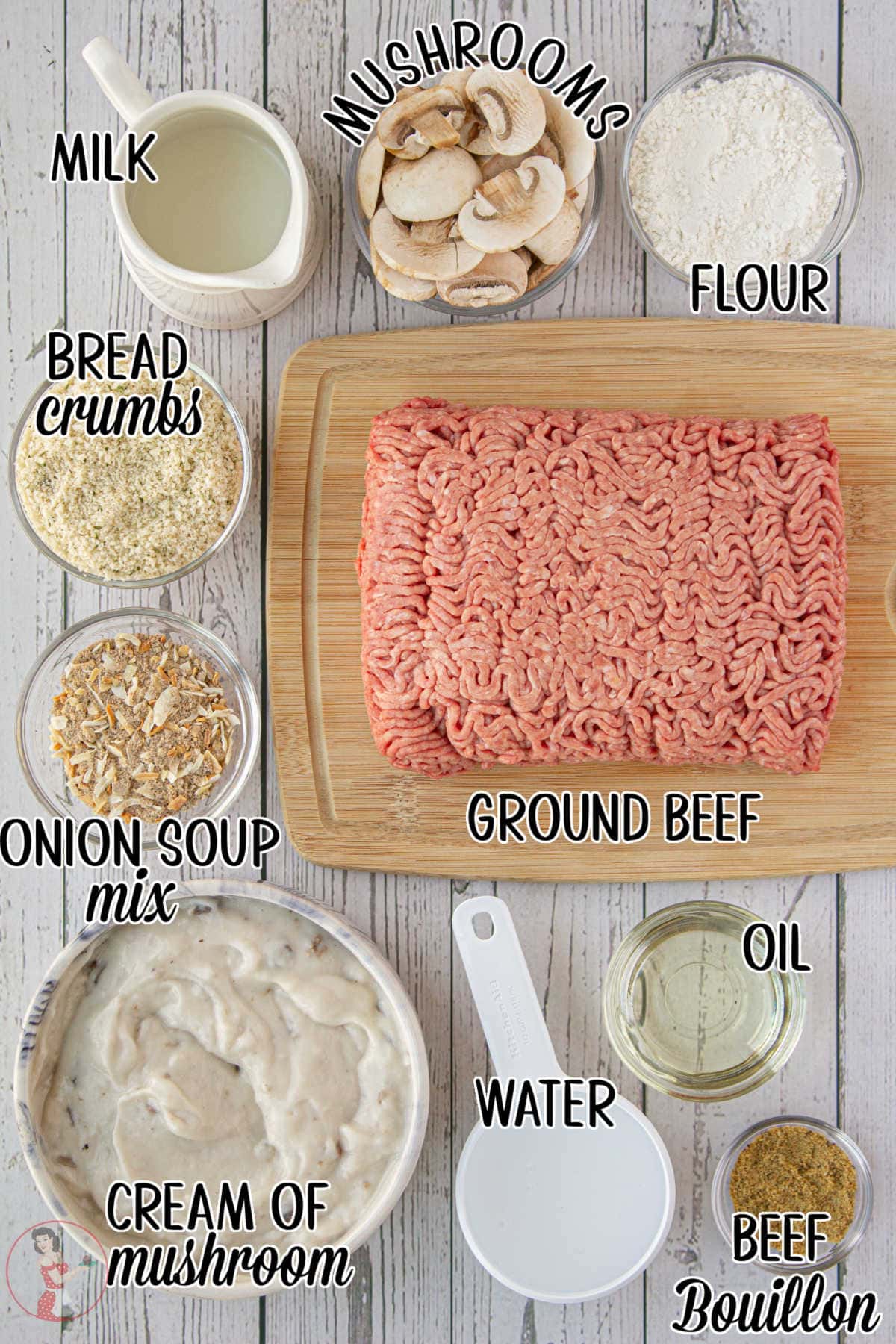 Labeled ingredients for salisbury steak.