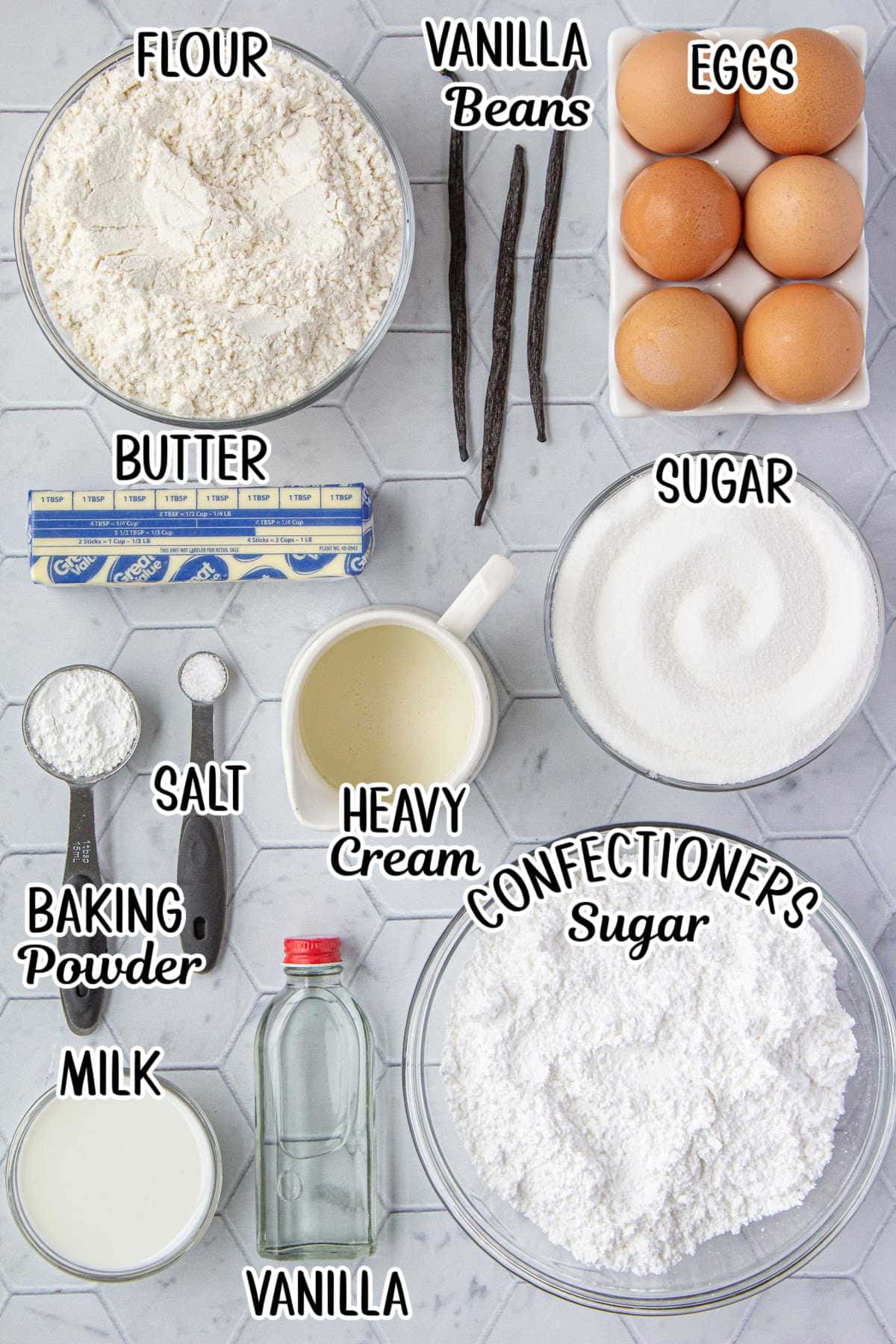 Labeled ingredients for the cake.