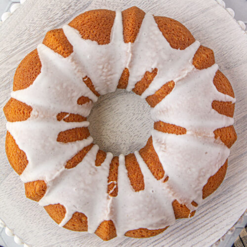 Overhead view of the cake showing the glaze for the feature image.