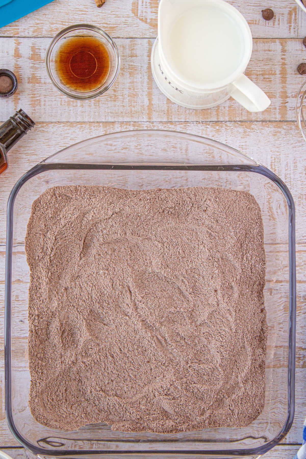 Dry ingredients in the bottom of the baking dish.
