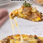 A bite of pizza casserole on a fork with text overlay for Pinterest.