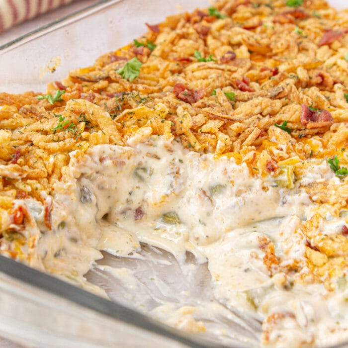 Closeup of the casserole showing the creamy sauce.