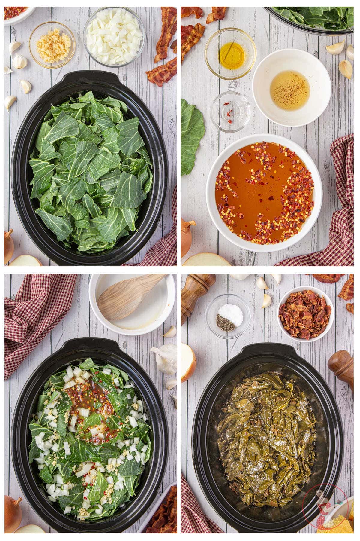Step by step images showing how to make the collard greens.