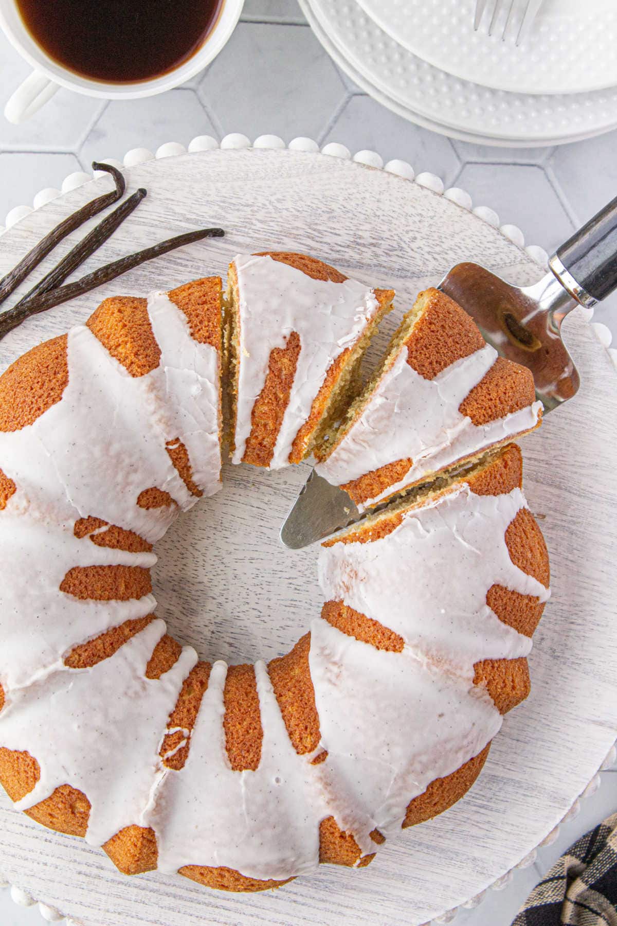 Overhead view of a slice being removed from the cake.