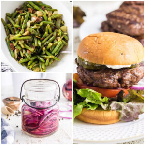 A collage of side dishes that go with hamburgers.